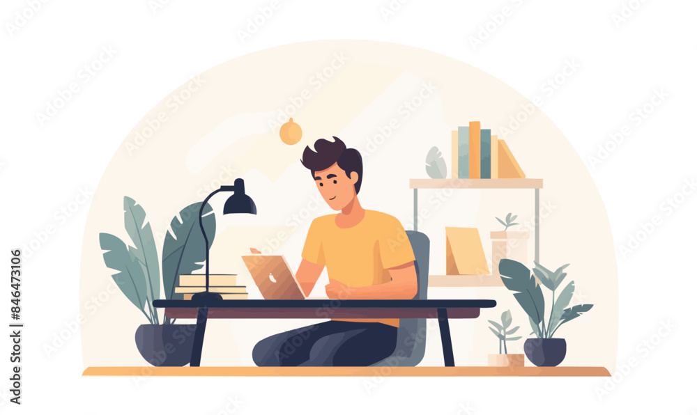 student sitting behind school desk vector flat isolated illustration