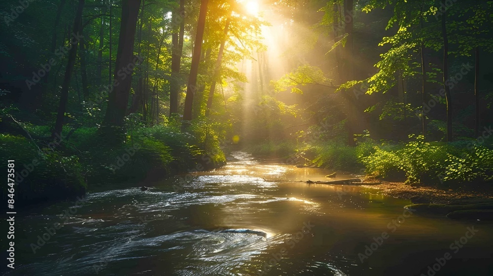 the sunbeams shine through the trees in the middle of a small creek