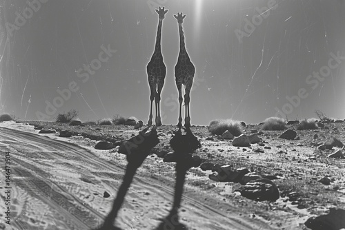 AI generated illustration of a monochrome image of two giraffes photo