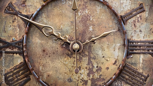 Vintage clock face background with roman numerals and aged metal hands. 