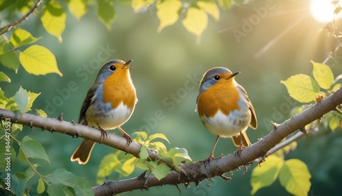 Two European robins perched on a tree branch, AI-generated. © Wirestock