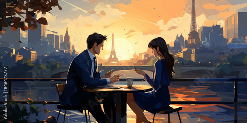 anime style of the office man casually relaxing at the harbor and steal a glance to the lady that sitting and having meal vector flat bright colors
