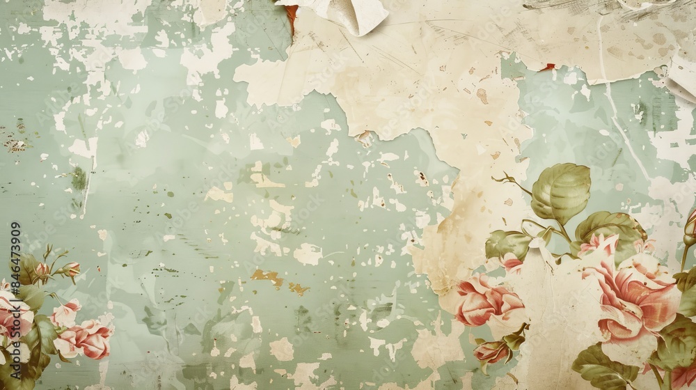 Fototapeta premium Retro wallpaper background with faded floral patterns and peeling corners. 