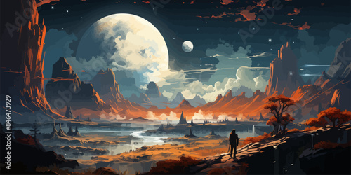 astronaut explores planetary space and looking at strange building floating in the sky, digital art style, illustration painting