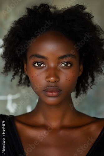 an black woman with curly hair and an afro with big brown eyes