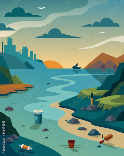 The shoreline is no longer a picturesque view but rather a landscape of pollution and neglect.. Vector illustration