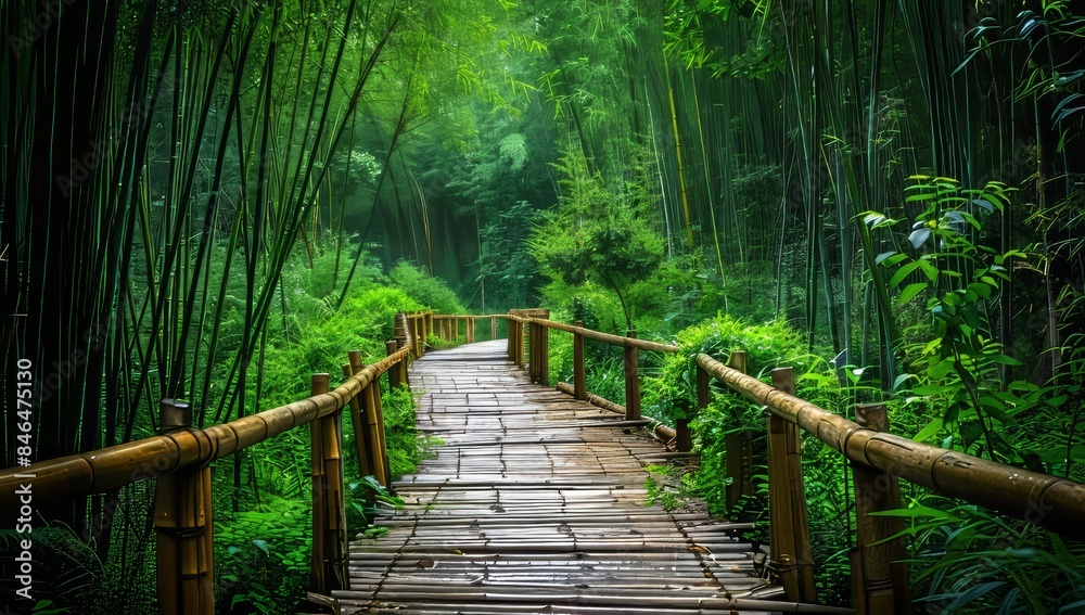 Obraz premium Bamboo fence at the entrance of an ancient forest path, high resolution photography, high quality photo.