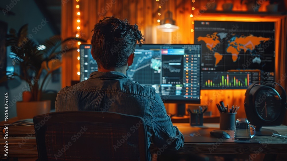 An entrepreneur analyzing stock market trends on a computer screen in a sleek home office. An entrepreneur analyzing stock market trends on a computer screen in a sleek home office.