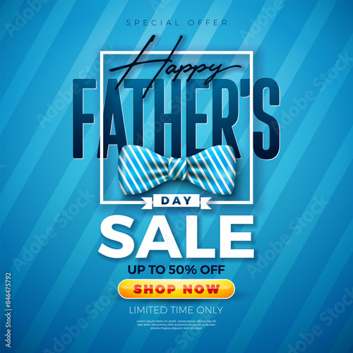 Father's Day Sale Promotional Business Illustration with Bow Tie and Typography Letter on Blue Background. Vector Special Holiday Offer Illustration for Best Dad. Template for Coupon, Voucher, Banner