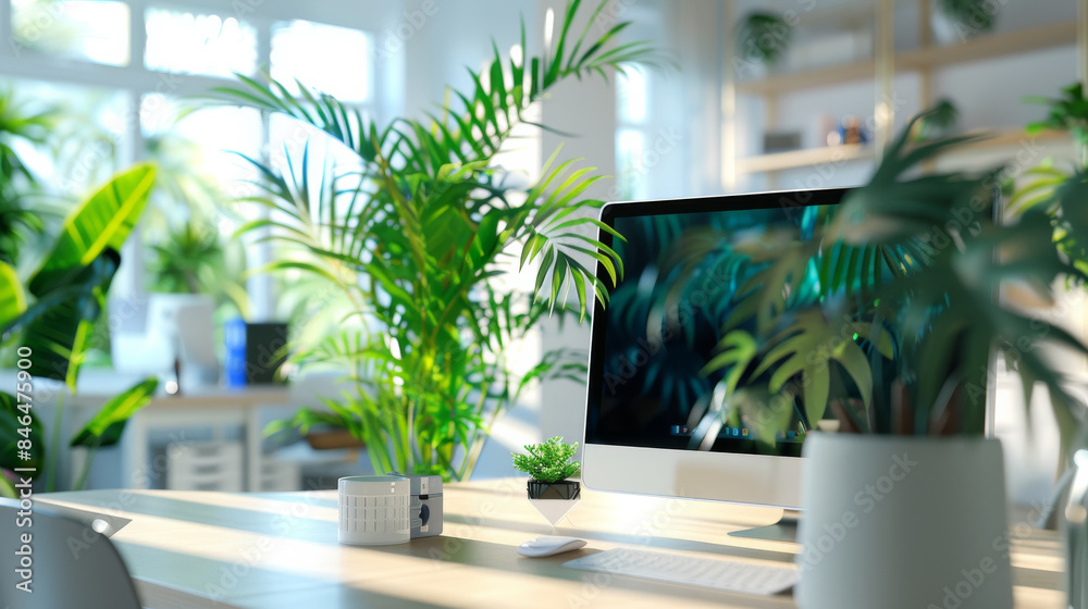 Fototapeta premium A bright, airy workspace filled with green plants surrounding a computer, reflecting a balanced, harmonious, and nature-inspired office environment.