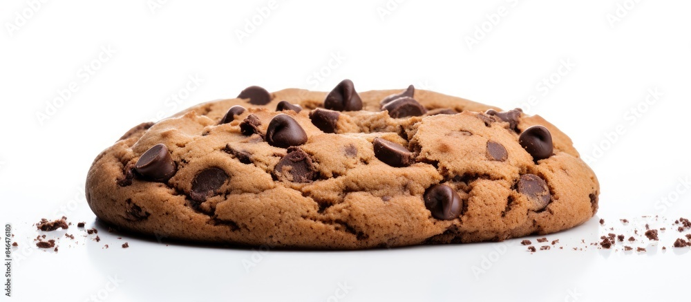 The cookie with its chocolate chips is framed and stands alone on a white backdrop leaving room for additional content if desired The cookie with its chocolate chips is framed and stands alone on a white backdrop leaving room for additional content if desired