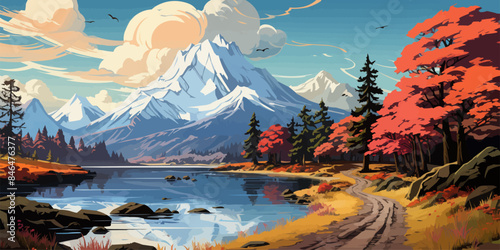 a lakeside walkway with beautiful mountain scenery in the background in anime style vector flat bright colors