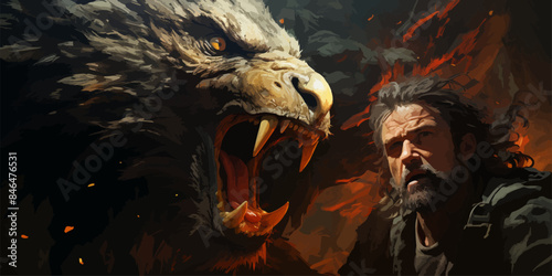 A man fighting with the legendary eagle, digital art style, illustration painting
