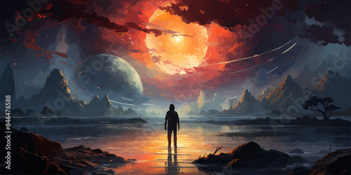 A man standing in a river with his shipwreck against the background of the sky upside down, digital art style, illustration painting