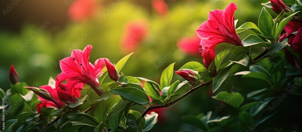 In the garden vibrant Roselle flowers with green leaves create a vibrant copy space image In the garden vibrant Roselle flowers with green leaves create a vibrant copy space image