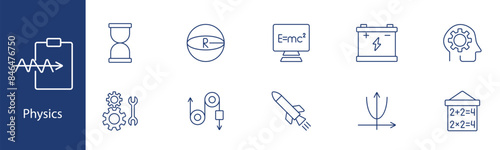 Physics set icon. Time, sphere radius, E mc formula, battery, brain gear, tools, pulley, rocket, graph, mathematics. Science, engineering, education concept.