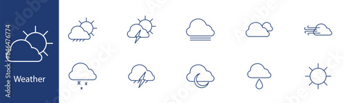 Weather set icon. Sun, cloud, lightning, rain, snow, fog, wind, moon. Forecast, meteorology, climate concept.