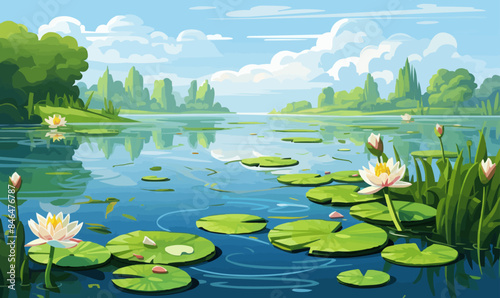 A serene lake with lily pads vector simple 3d isolated illustration