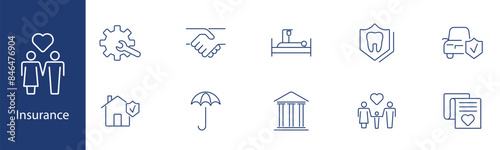 Insurance set icon. Family, handshake, hospital, shield, house, umbrella, contract, bank, protection, agreement. Security, coverage, policy concept.