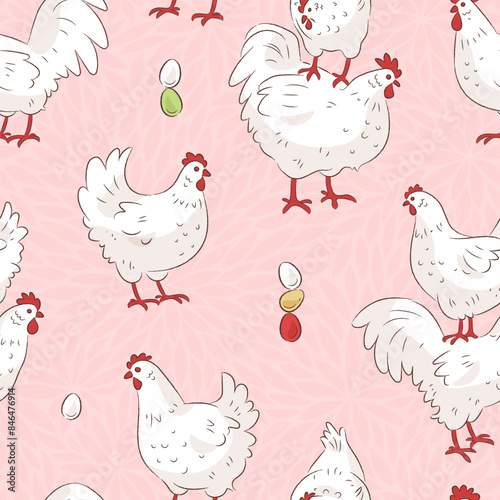 Seamless pattern witn hand drawn cartoon hens and roosters on pink background. Textile, wallpaper, wrap, fabric design template with farm bird. Vector chicken illustration