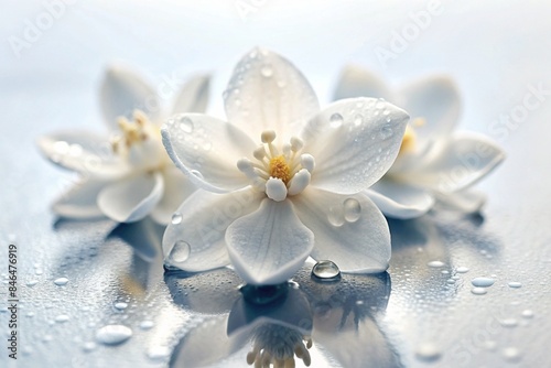AI generated illustration of a shot of flowers drops on jasmine petals on a white surface