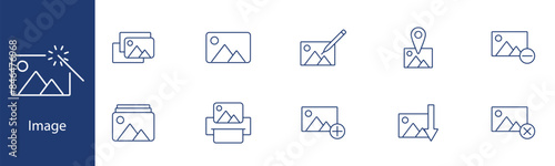 Image set icon. Photo, edit, gallery, location, delete, add, download, magic wand, picture, graphic. Photography, image editing, visual content concept.