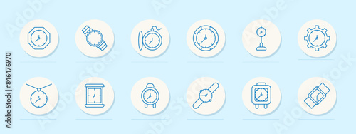 Clock set icon. Various timepieces including wristwatch, pocket watch, stopwatch, alarm clock, and wall clock. Timekeeping, watch, timer concept.