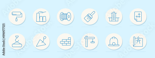 Construction tools set icon. Paint roller, bricks, trowel, crane, hard hat, and blueprint. Building, architecture, renovation concept.