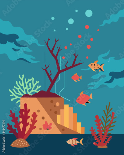 Harvesting of coral reefs for decorative or medicinal purposes destabilizing the delicate balance of marine life and risking the collapse of entire ecosystems.. Vector illustration photo