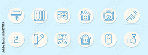 HVAC set icon. Air conditioner, radiator, thermostat, and pipes. Heating, ventilation, air conditioning, home comfort concept.