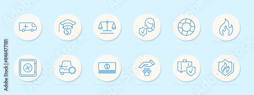 Insurance and finance set icon. Ambulance, graduation cap, scales, and shield. Protection, safety, security, and investment concept.