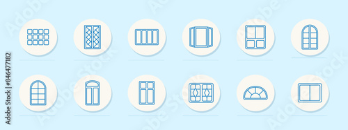 Window set icon. Various window designs including arched, sliding, and casement windows. Home, architecture, design concept.