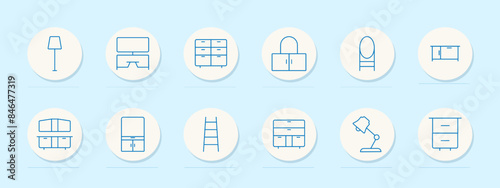 Furniture set icon. Lamp, desk, cabinet, and shelf. Home, decor, interior design, and storage concept.