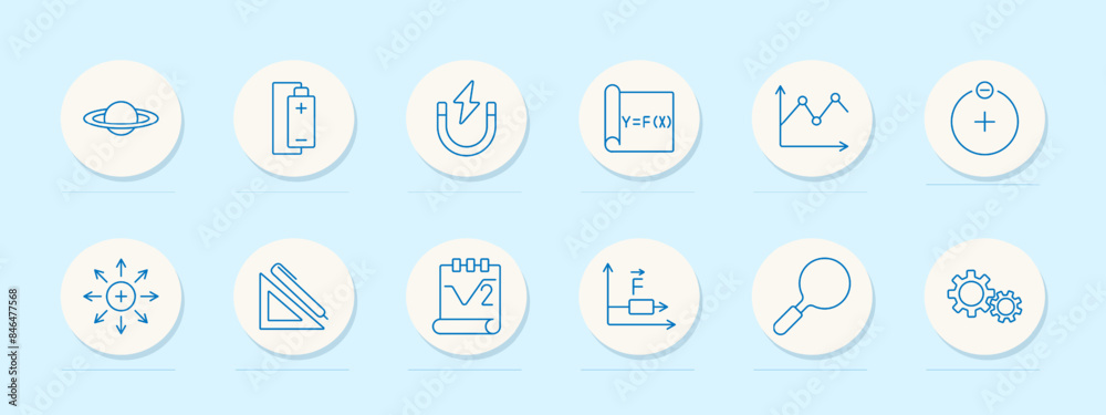 Science and physics set icon. Magnet, battery, graph, and planet. Electricity, energy, and scientific research concept.