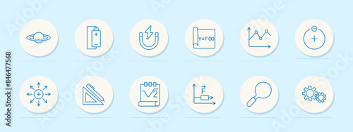 Science and physics set icon. Magnet, battery, graph, and planet. Electricity, energy, and scientific research concept.