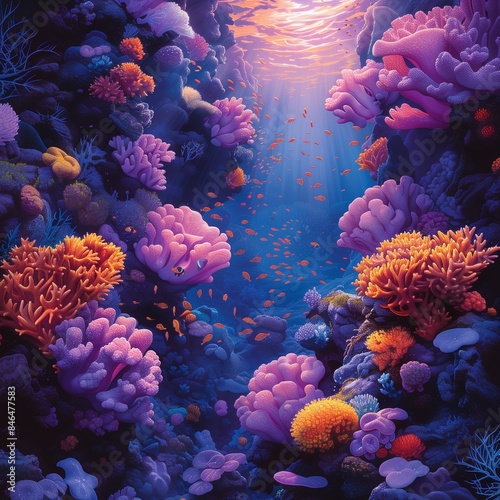 AI generated illustration of a vibrant coral reef teeming with diverse marine life © Wirestock
