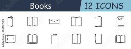 Books set icon. Includes various book, notebook, and brochure symbols. Perfect for literature, publishing, and education concepts. Vector line icon on white background.