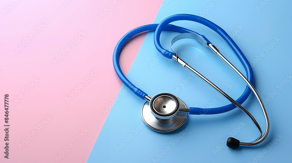A blue medical stethoscope lies on a pink and blue background A blue medical stethoscope lies on a pink and blue background