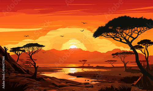 A beautiful sunset over a savanna with a river in the foreground