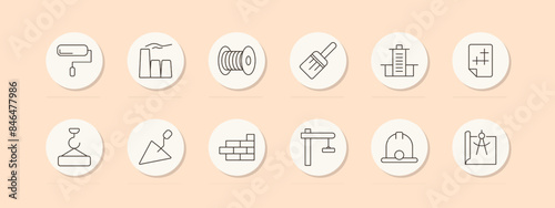 Building set icon. Paint roller, factory, wire spool, brush, crane, trowel. Construction, architecture, tools concept. Vector line icons on beige background.