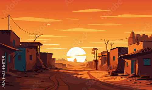 A deserted street with a sun setting in the background