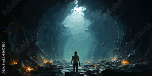 A man stands in a cave with a fire in the background