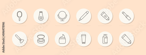 Beauty tools set icon. Mirror, lotion, cream, makeup brush, lipstick. Grooming, cosmetics, self-care concept. Vector line icons on beige background.