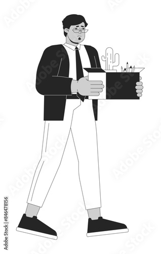 Pensive middle eastern man losing job black and white 2D line cartoon character. Arab man with stuff leaving work isolated vector outline person. Unemployment monochromatic flat spot illustration