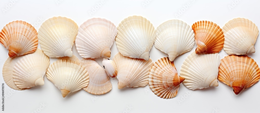 The image features cockle shells arranged against a blank background leaving ample space for text or visuals The image features cockle shells arranged against a blank background leaving ample space for text or visuals