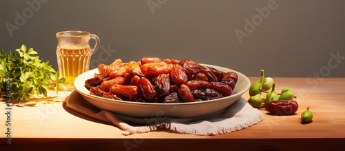 Traditional iftar food featuring pitted dates Copy space image photo
