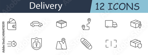 Delivery set icon. Includes parcel, delivery truck, route, logistics, and shipping symbols. Perfect for e-commerce, shipping services, and logistics tracking. Vector line icon on white background.