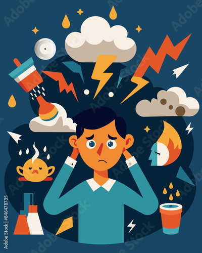 The storm of stressors seems unrelenting each passing moment bringing another challenge to the persons already overwhelmed mind.. Vector illustration