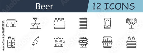 Beer set icon. Bottles, glasses, six-pack, kegs, tap, barrels, sign, brewery, drink, beverage, pub, alcohol. Brewing concept. Vector line icon on white background.