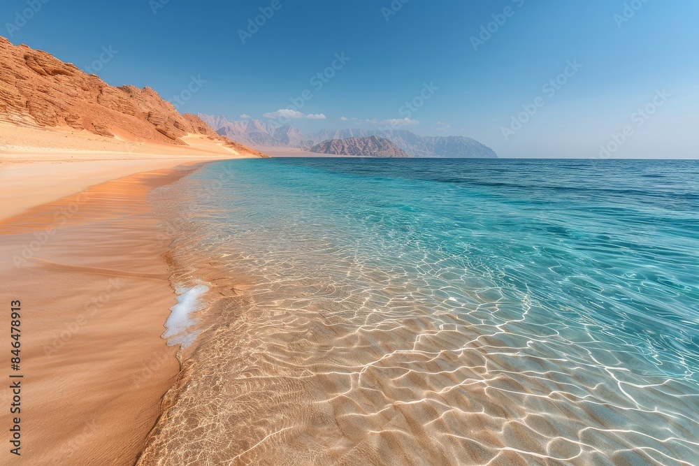 Clear Turquoise Water and Sandy Beach With Red Mountains in the Distance Clear Turquoise Water and Sandy Beach With Red Mountains in the Distance